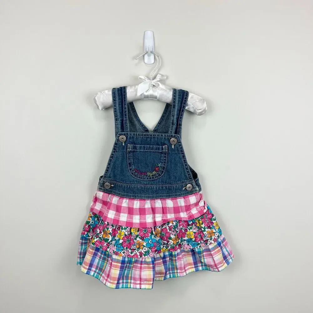 Vintage OshKosh B'gosh Floral Plaid Ruffle Skirtall Jumper 2T